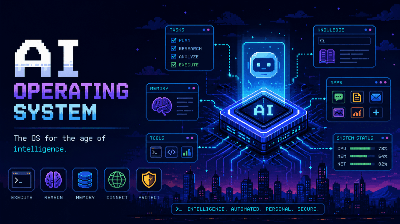 AI Operating System illustration: Tasks, Knowledge, Memory, Tools and Apps panels around a central AI chip.